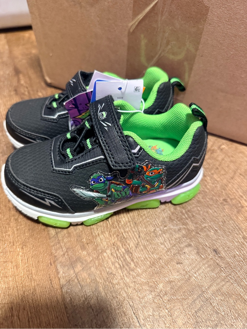 Kids Black and Neon Green Ninja Character Sneakers with Hook-and-Loop Strap
